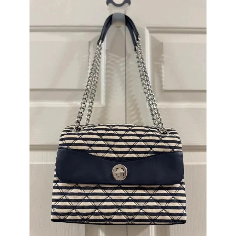Kate Spade Natalia Lurex Stripe Medium Flap Crossbody Shoulder Bag Navy